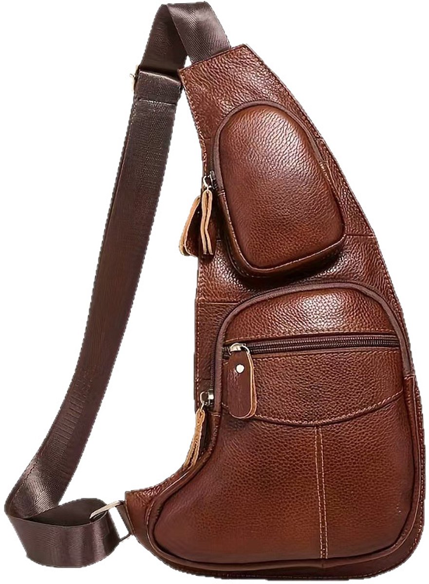 Borsttas voor heren - Retro sling tas van PU lederlook, meerdere ritsvakken, verstelbare schouderriem, lichtgewicht schoudertas voor dagelijks gebruik, wandelen en reizen-bruin