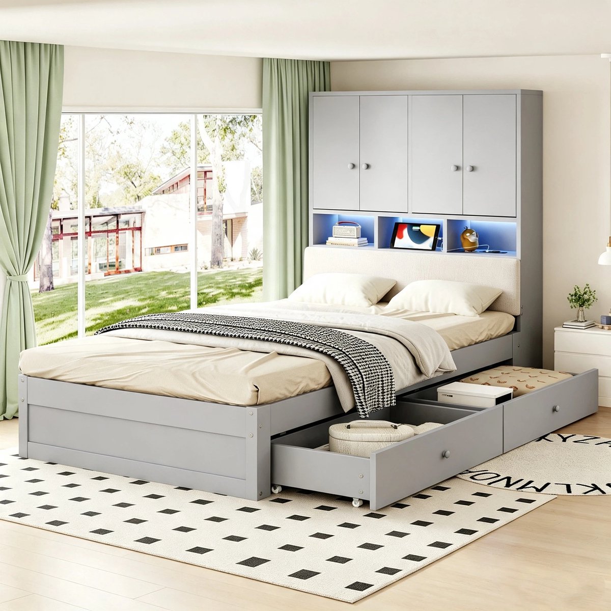 Kinderbed, Multifunctioneel Houten Bed 90 X 200 cm, Met Gestoffeerde Rugleuning, Hoofdeinde Met Opbergruimte, Planken, Ledverlichting En Stopcontact, Met Lade En Lattenbodem, Eenpersoonsbed, Kinderbed -Grijs