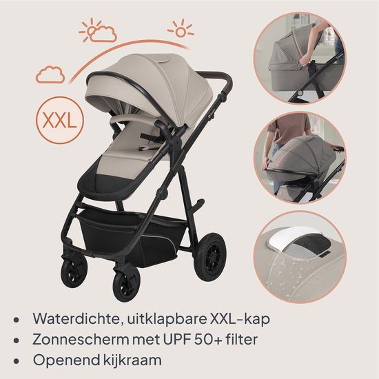 Beige kinderwagen met XXL-kap, zonnescherm en kijkvenster. 'Waterdichte, uitklapbare XXL-kap'.