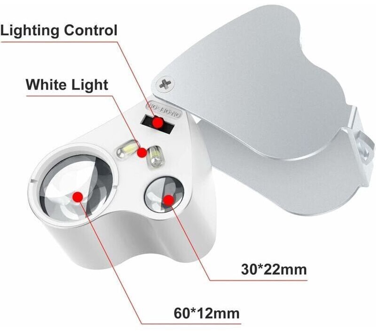 Sieradenvergrootglas 30x60, LED-verlicht horlogevergrootglas, geschikt voor edelstenen, sieraden, stenen, postzegels, munten, horloges, hobby's, antieke mallen, zakvergrootglas, monoculaire lens, 30 x 60 mm