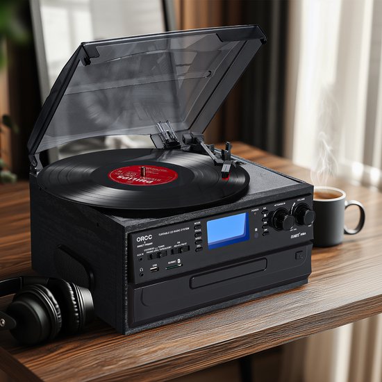 ORCC 10-in-1 Platenspeler Vintage - Bluetooth Vinyl Platenspeler met CD, USB, SD, AUX, RCA, Ingebouwde Stereo Speakers, Afstandsbediening, 33/45/78 RPM en Houten Behuizing - Donkergrijs — afbeelding 4