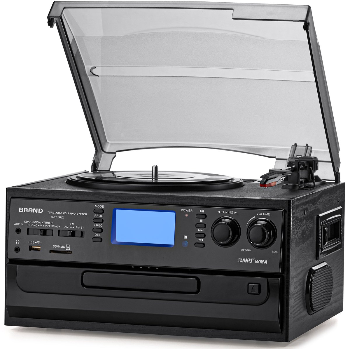 ORCC 10-in-1 Platenspeler Vintage – Bluetooth Vinyl Platenspeler met CD, USB, SD, AUX, RCA, Ingebouwde Stereo Speakers, Afstandsbediening, 33/45/78 RPM en Houten Behuizing – Donkergrijs