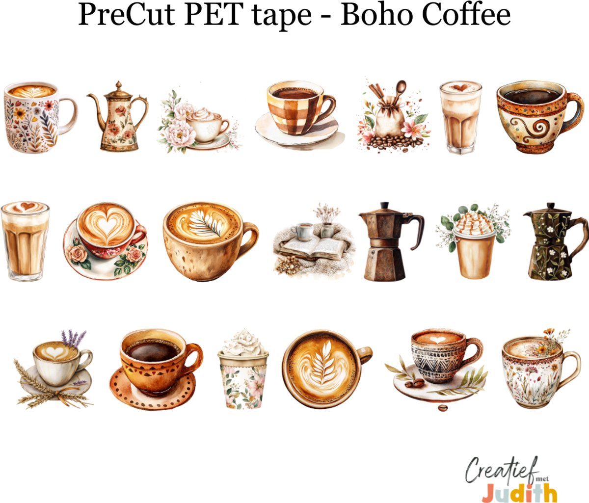 Bullet Journal Pet Tape Boho Koffie - Planner Agenda Stickers - drinken stickers - Transparante stickers 2mtr - Scrapbook stickers - Doorzichtige Deco stickers - Pre-cut stickers - volwassenen en kinderen
