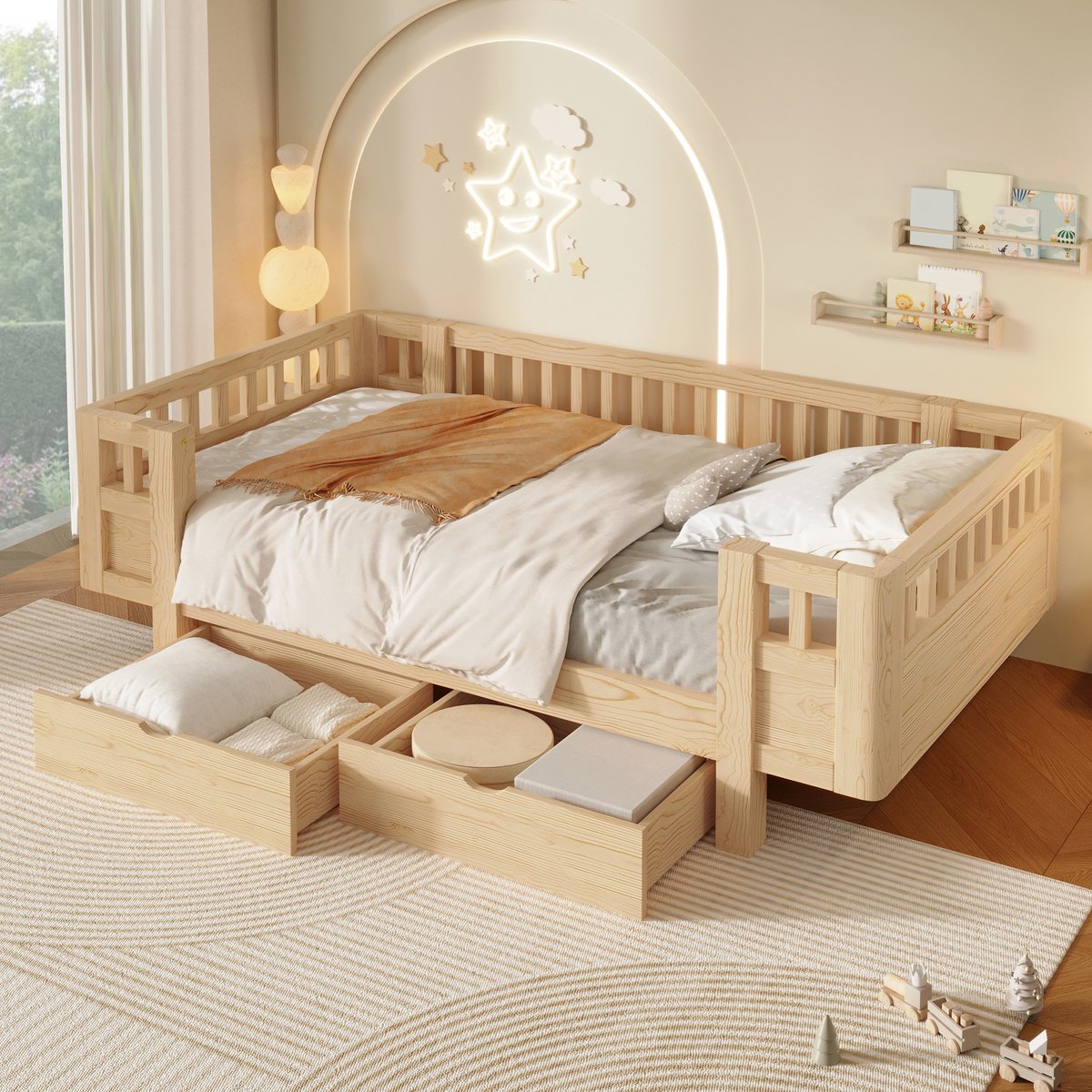 Kinderbed, Platformbed Van 90X200 cm Met Hoge Veiligheidsrail En Twee Grote Lades-Natuurlijk
