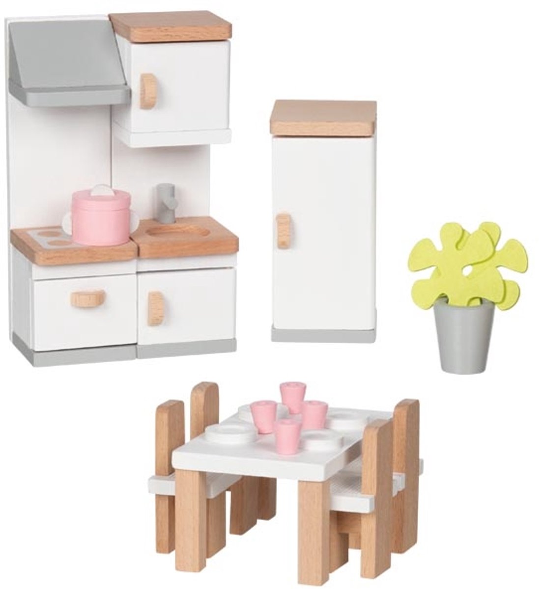 Poppenhuismeubeltjes: DESIGN KEUKEN, 20-delig, 10x6,5x5cm (tafel), beukenhout en stof, 3+