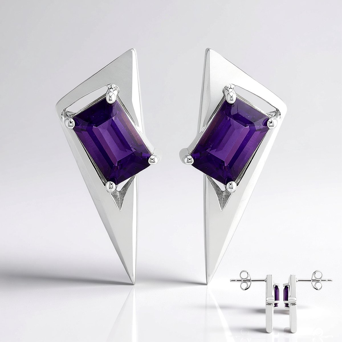 Cavill - Zilveren Oorstekers 925 Sterling Zilver Palladium Gecoat - 0,82 ct Achthoekige Paarse Amethist - Elegante Handgemaakte Sieraden Dames