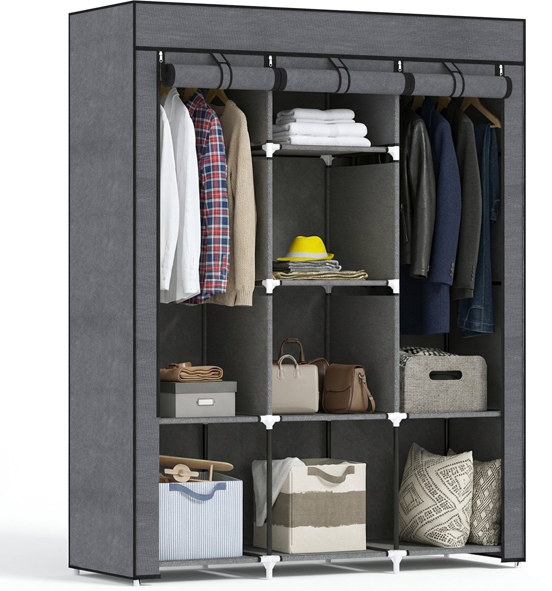 Kledingkast stoffen - groot met 2 kledingstangen en 8 planken - opvouwbare kledingkasten met overtrek - niet-geweven stof - grijs - 125 x 43 x 162,5 cm