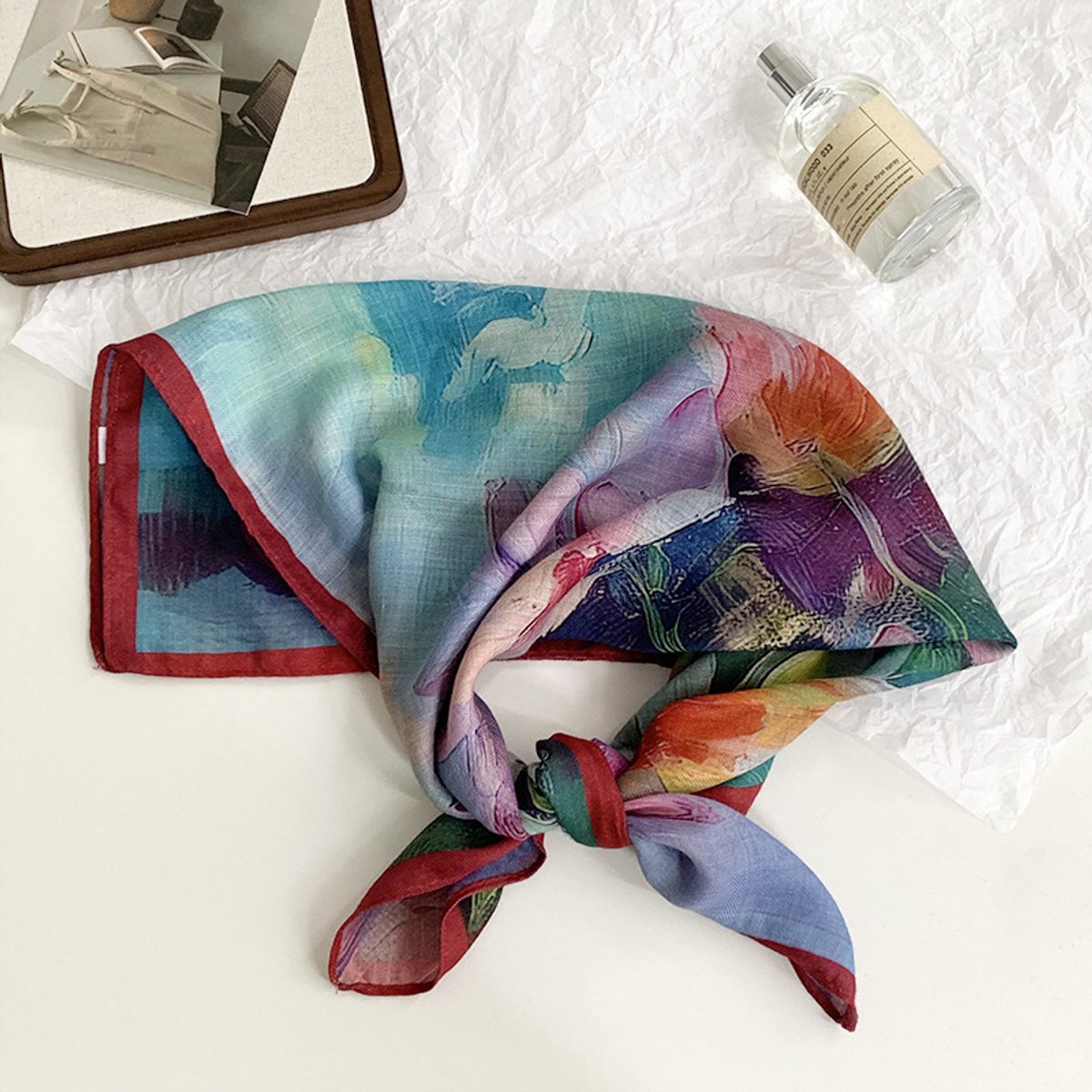 Dubbelzijdige patroon sjaal - kleine vierkante sjaal - het hele jaar door bruikbaar - veel draagmanieren - decoratieve omslagdoek-68*68cm-Lotus traprand, rode rand