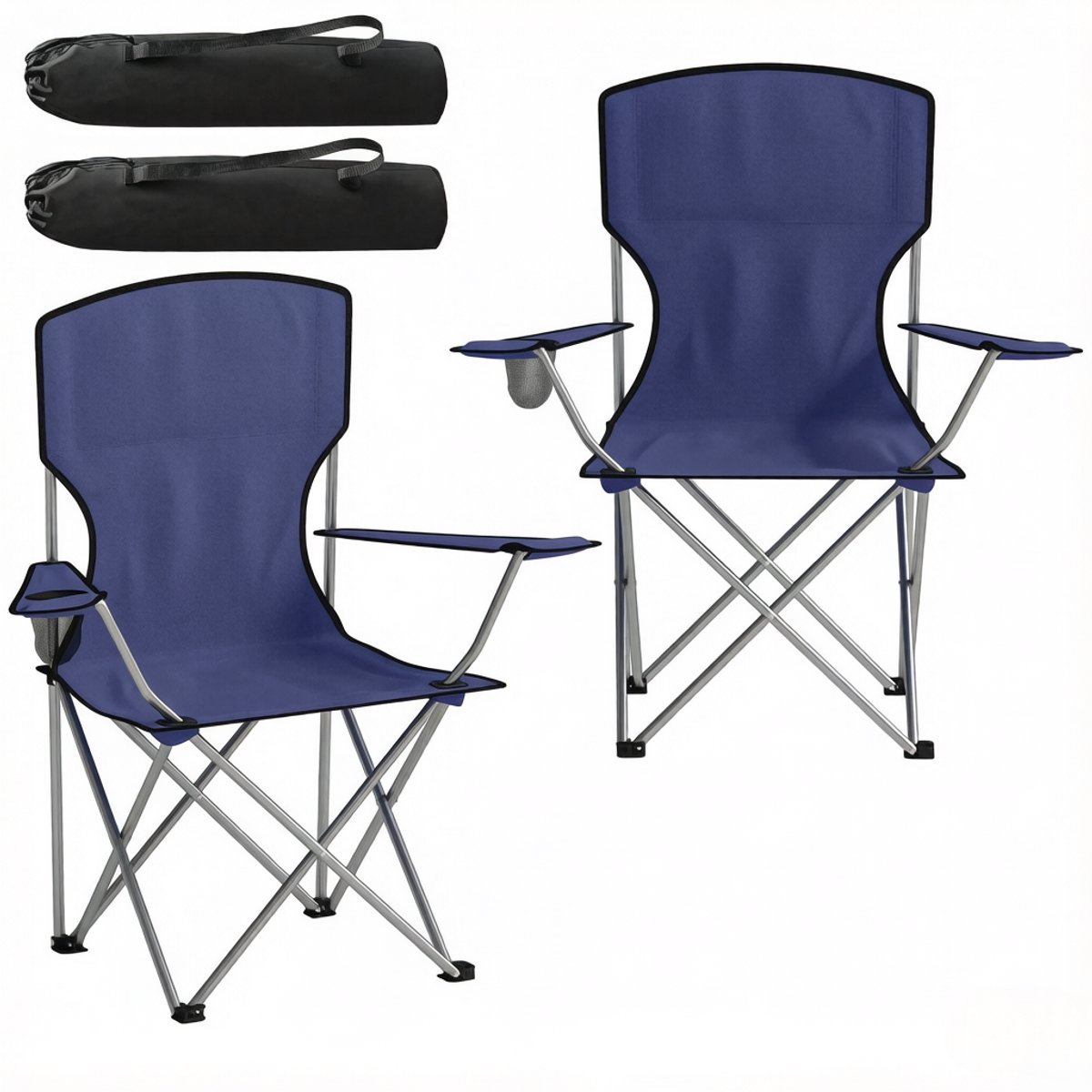 Set van 2 opvouwbare campingstoelen met bekerhager - handtas en hoge rugsteun - blauw