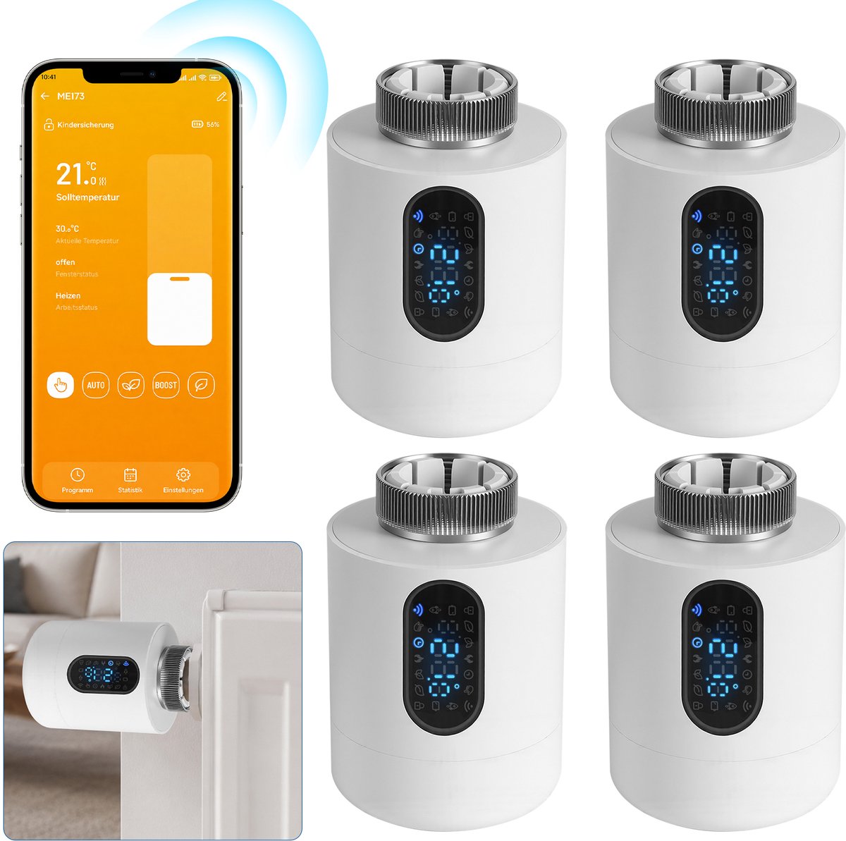 Slimme Thermostaatkraan voor Radiator – WiFi, App en 6 Modi – Wit – 4-pack