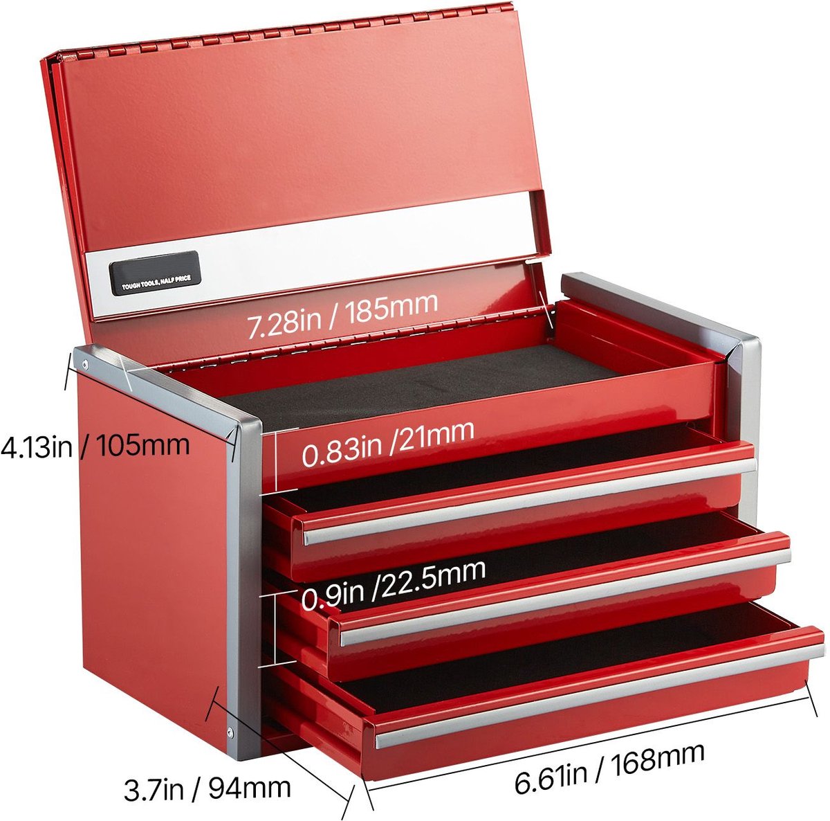 Metalen gereedschapskist - Gereedschapskoffer metaal - Kleine gereedschapskist - 3 Lades - Kogelgelagerd - EVA-voering - Gepoedercoat - Thuis - 21,8 cm - Rood — cadeau in Gereedschap - foto 7