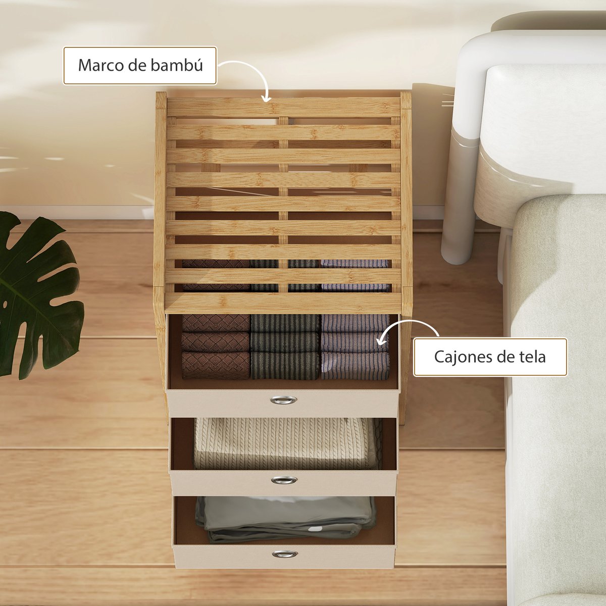 TEKROA® Lockerkasten - Commode met 3 stoffen lades - bamboe frame - dressoir voor kleine ruimtes - 33x29x55 cm - naturel