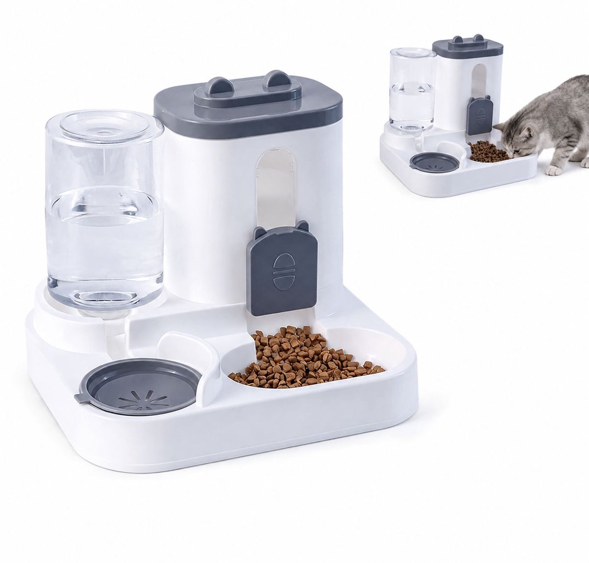 Bobypet - Automatische voerbak - 2-in-1 zwaartekracht voer- en waterdispenser - voor katten en kleine honden - grijs