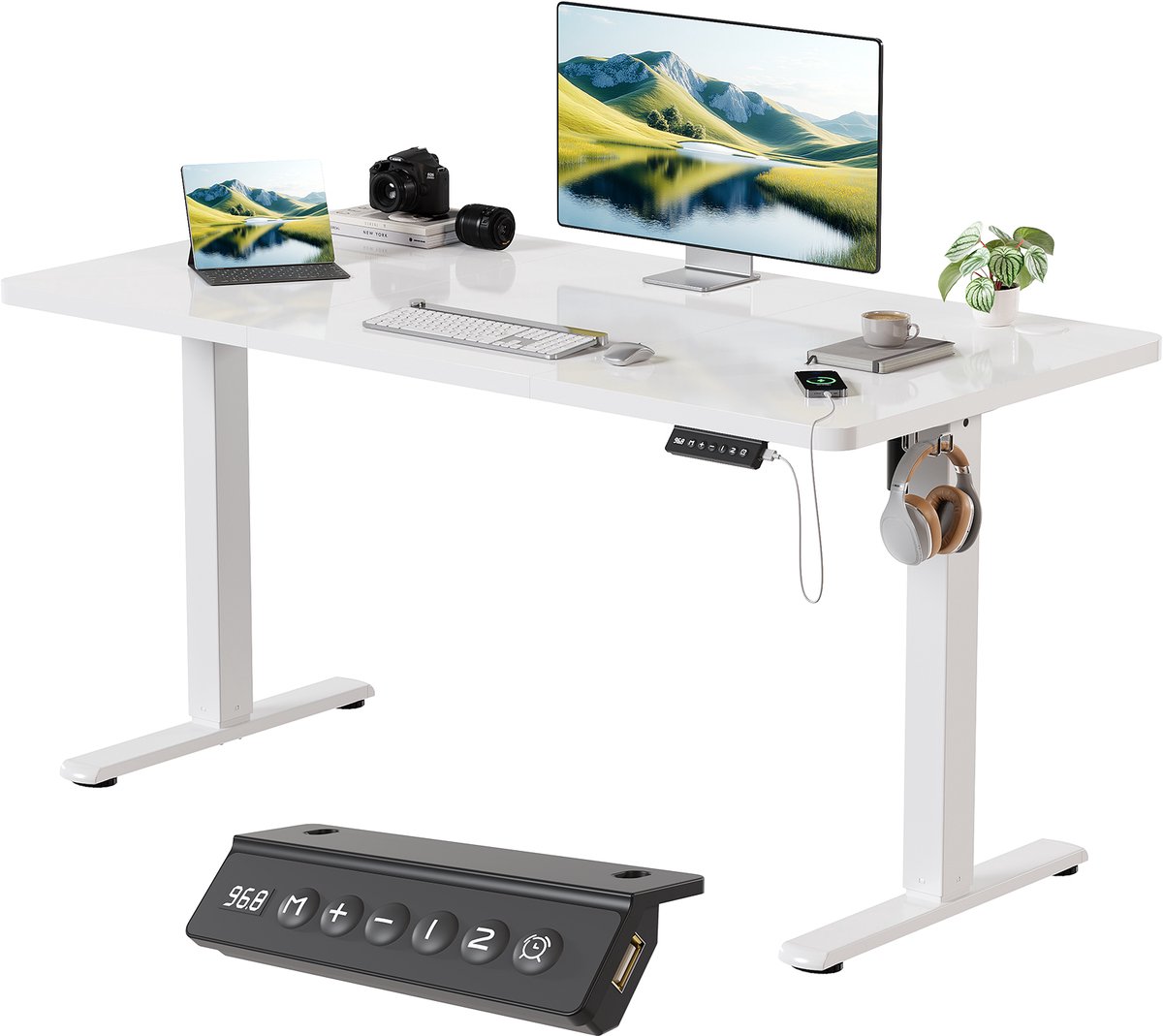 Devoko Elektrisch Zit-Sta Bureau 120x60 cm - E0 Tafelblad - Zit-herinnering - 2 Geheugenstanden - Digitaal Display - Wit frame met wit blad