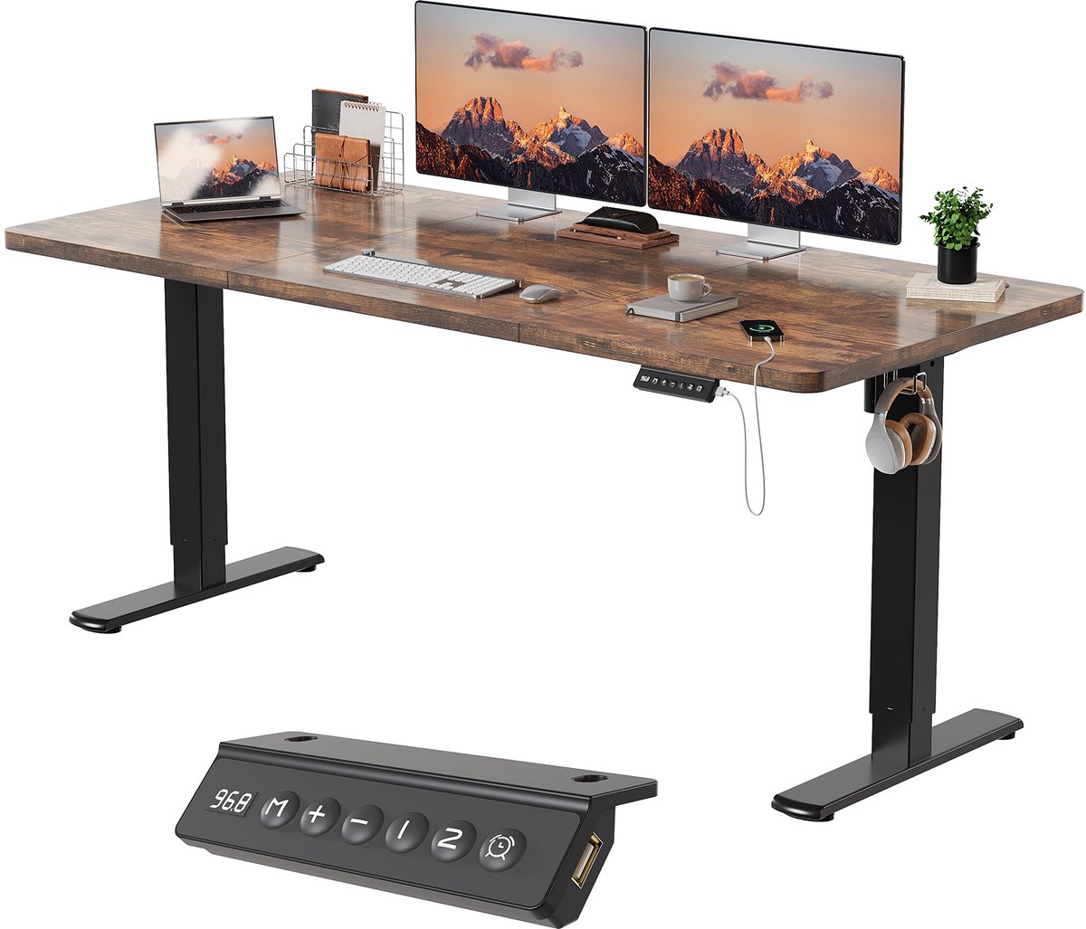 Devoko Elektrisch Zit-Sta Bureau 160x70 cm - E0 Tafelblad - Zit-herinnering - 2 Geheugenstanden - Digitaal Display - Zwart frame met vintagebruin blad