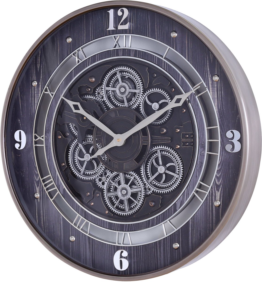 Fresco Wandklok 60 Ø cm met Bewegende Tandwielen – Black Wood & Silver – Grote Industriële Wandklok — cadeau in Wonen & Interieur - foto 2