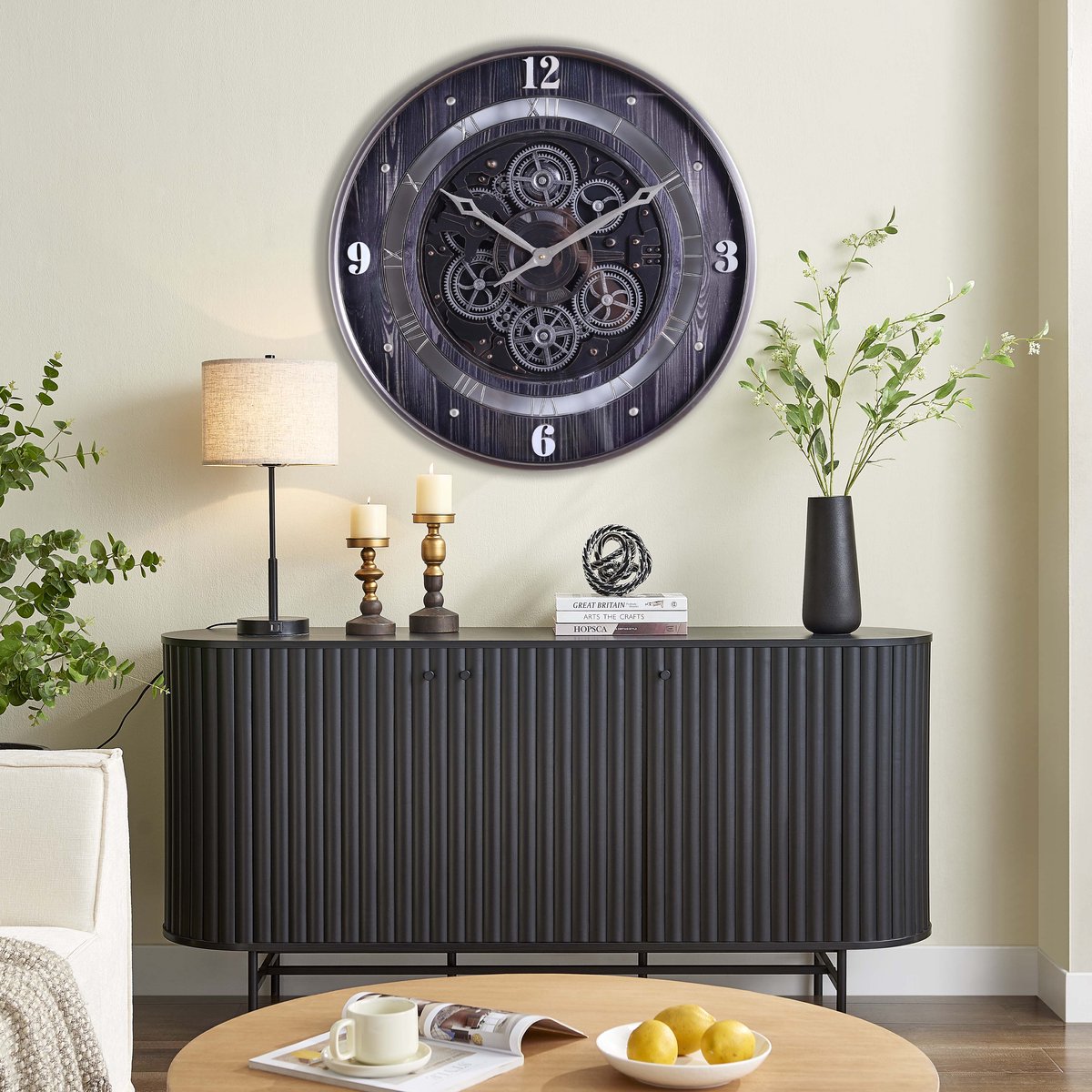 Fresco Wandklok 60 Ø cm met Bewegende Tandwielen – Black Wood & Silver – Grote Industriële Wandklok — cadeau in Wonen & Interieur - foto 5