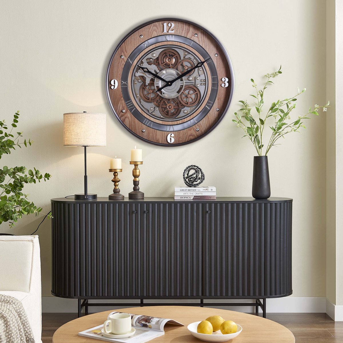 Fresco Wandklok Ø 60 cm – Vintage Wood – Bewegende Tandwielen – Houtlook – Industrieel – Stil Uurwerk — cadeau in Wonen & Interieur - foto 6