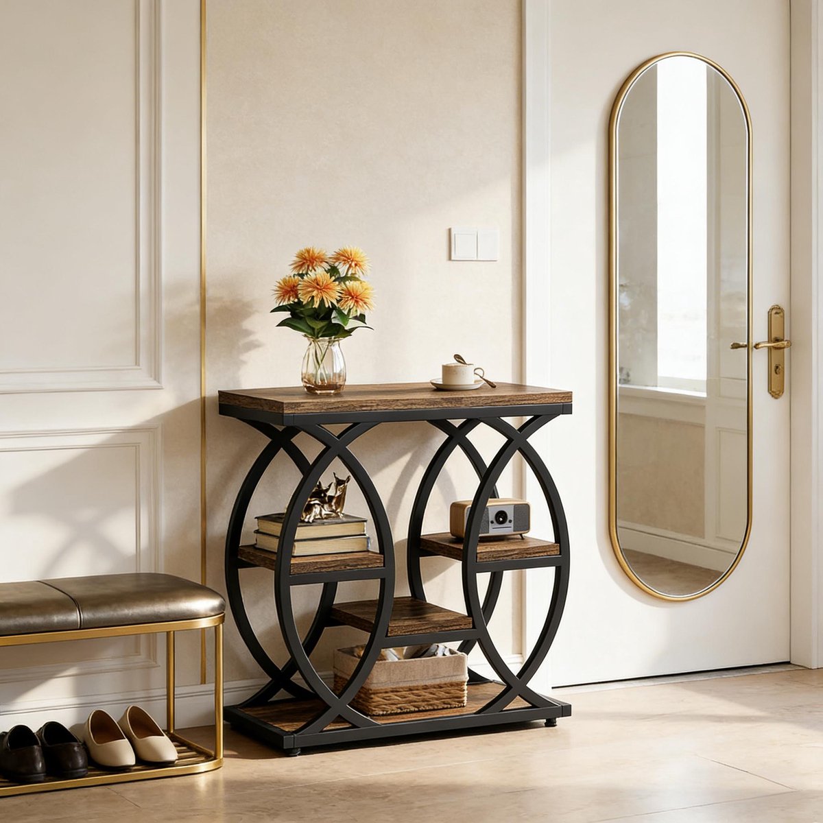 Wishdor Sidetable - Modern - Metalen frame en houten planken - Zwart en bruin - Compact en meerlaags - Voor woonkamer en hal - 60 x 30 x 60 cm