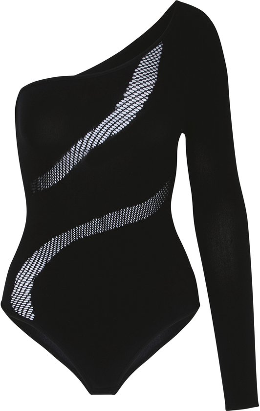 Zwarte body met één lange mouw en diagonale mesh-stroken.