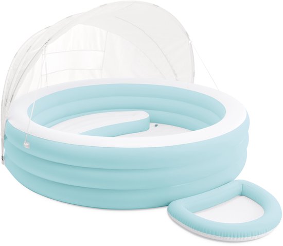 Piscine gonflable pour enfants avec auvent et siège, bleu clair avec bord blanc.