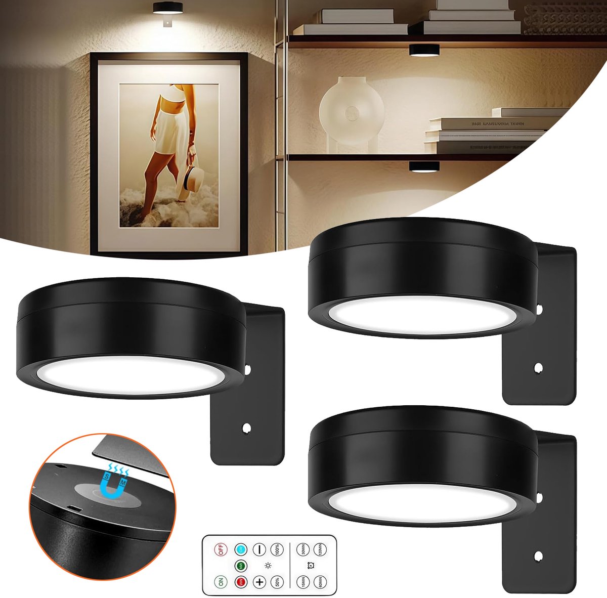 3 Stuks Schilderijverlichting - Magnetische LED-Schijfjes - Magnetische Schilderlamp Met Afstandsbediening En 3 Kleurtemperaturen