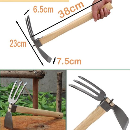 Tuinschoffel- tuingereedschap: schoffel en hark- handschoffel met houten steel voor het losmaken van de grond en het wieden van onkruid (2-in-1). van Tuinschoffel. — afbeelding 2