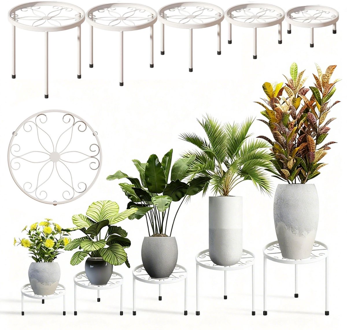 Plantenstandaard set van 5 - Metalen houders in 5 maten met opstaande rand - Wit - Voor bloempotten binnen en buiten, balkon, terras en tuin