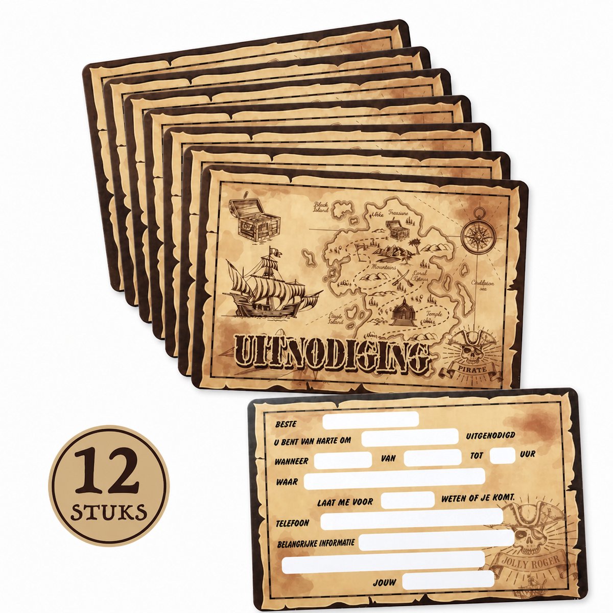 Uitnodiging Kinderfeestje 12 Stuks – Schatkaart Uitnodigingen – Piraten Thema – Beschrijfbare Uitnodigingskaarten voor Verjaardag en Piratenfeestje