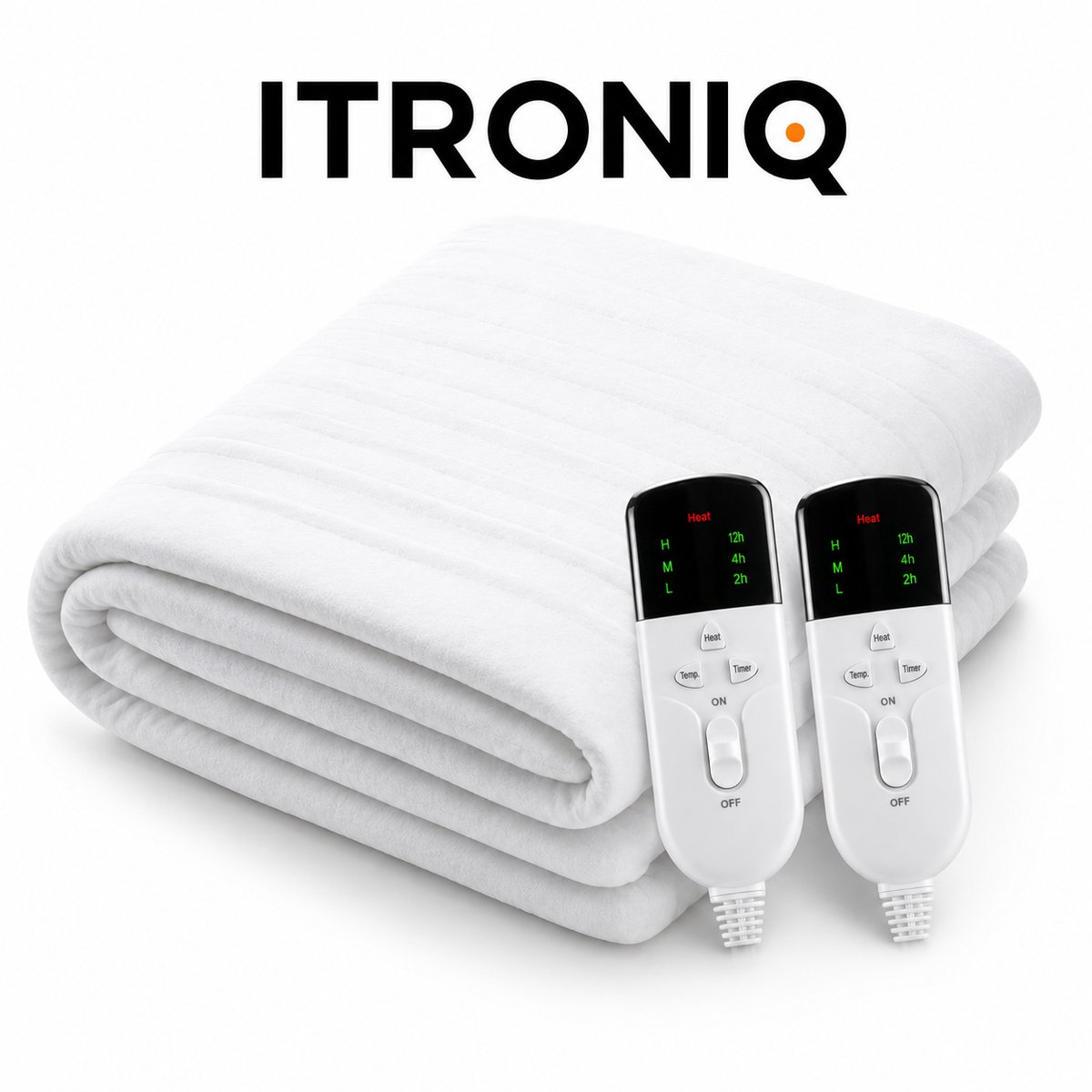 ITRONIQ Elektrische Deken 160 x 140 cm - Tweepersoons Warmtedeken Met 2 Controllers - 3 Warmtestanden - Wasbaar - Timer - Wit