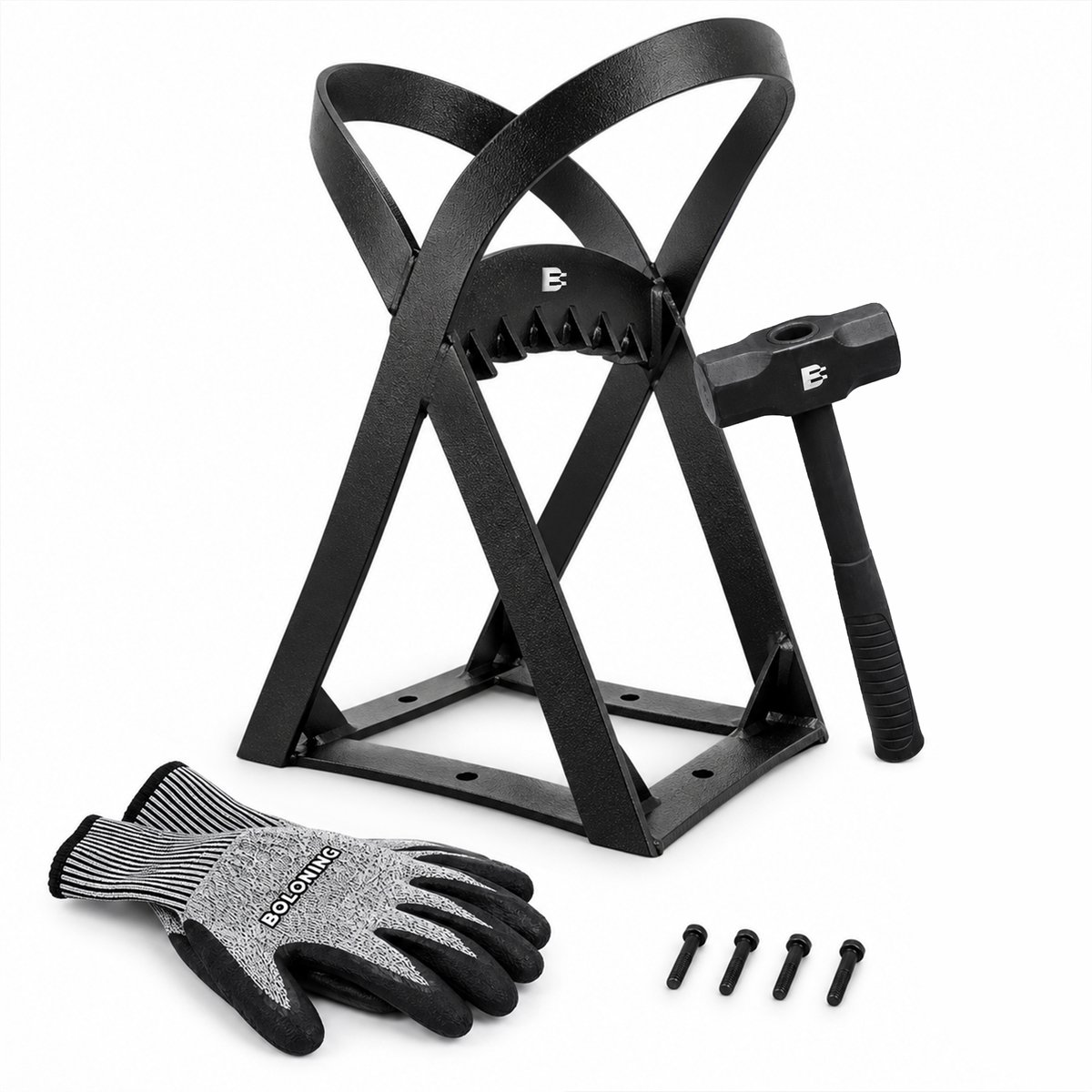 Boloning® Houtklover Package Deal - Inclusief Handschoenen, Hamer, Montageschroeven - Gietijzer - Houtsplijter - Houtklover voor aanmaakhout - Houtkliever - Hout klover - Houtklover muur - Kloofmachine - Kloofwig - Splijtwig - Houtklover manueel