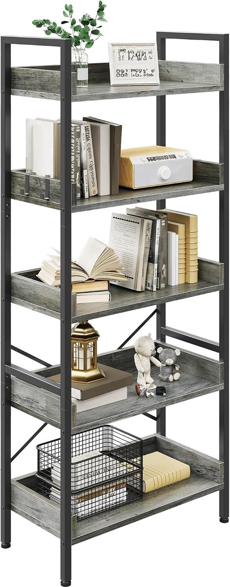 Home & Beyond® Boekenkast met 5 Planken - Industrieel Opbergrek met Haken - Grijs - 64x30x160 cm