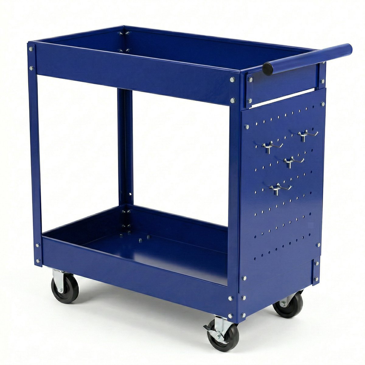 HoerFuriy - Zware‑Duty Gereedschapswagen Met 2 Legplanken - Met Zwenkwielen En Remmen - Metalen Transportwagen Voor Garage, Werkplaats En Magazijn - Gatenbord - 4 Haken - Blauw