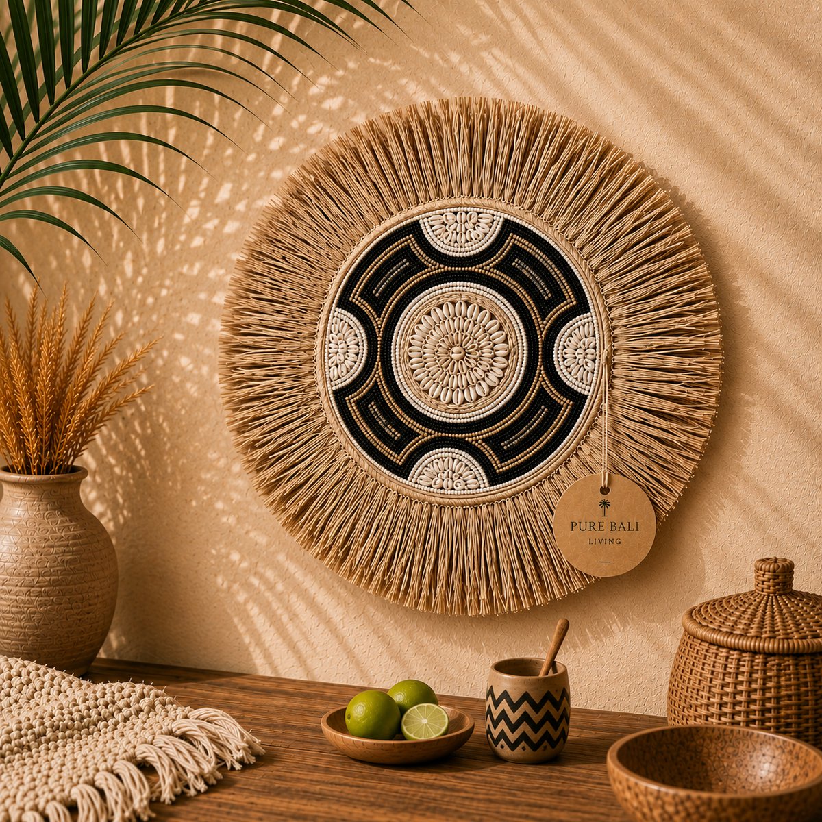 Wanddecoratie – Wandbord Zwart & Naturel – Schelpen & Kralen – Boho – Handgemaakt – Ø45 cm