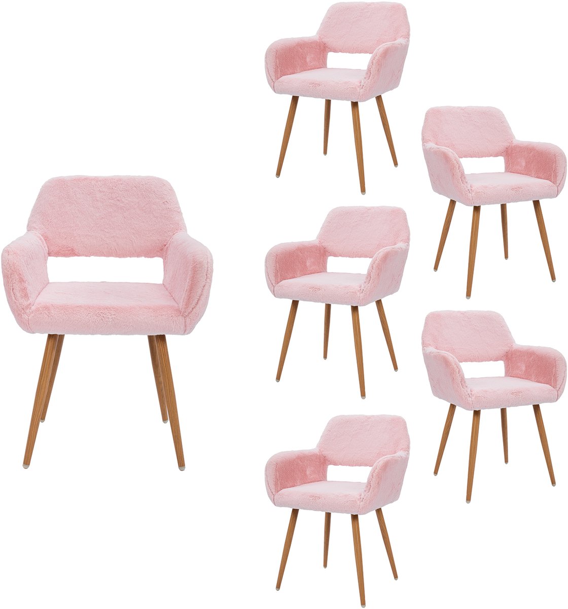 Luxe Eetkamerstoel - Set Van 6 met Teddy Stof en Open Rug - Roze