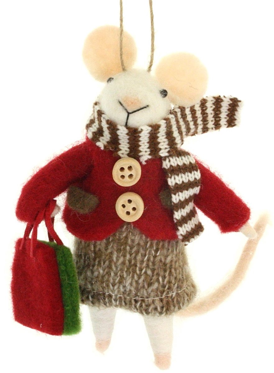 Muis met rode jas en tas hangend vilt 8,5x7,5x12,5cm