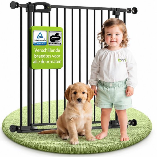 Zwart traphekje met een peuter en een puppy, met keurmerk "Verschillende breedtes voor alle deurmaten".