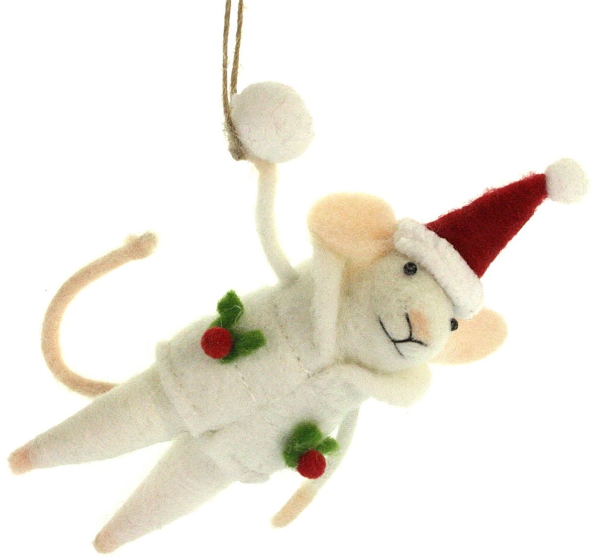 Muis met kerstmuts en sneeuwbal hangend vilt 10x5,5x15cm