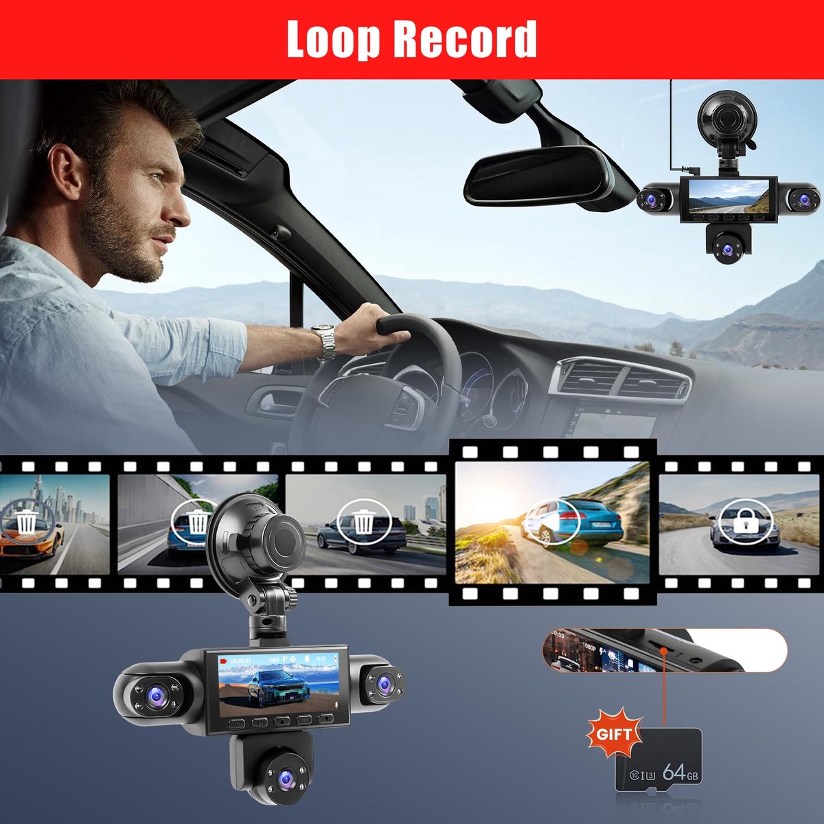 Sogiol® Dashcam Auto - 5 Lenzen (Voor, Achter, Links, Rechts) - 1080P Full HD - WiFi & GPS - Dashcams - Nachtzicht - G-Sensor - Parkeerbewaking - 3,16 Inch met App - Incl. 64GB SD-Kaart thumbnail 5