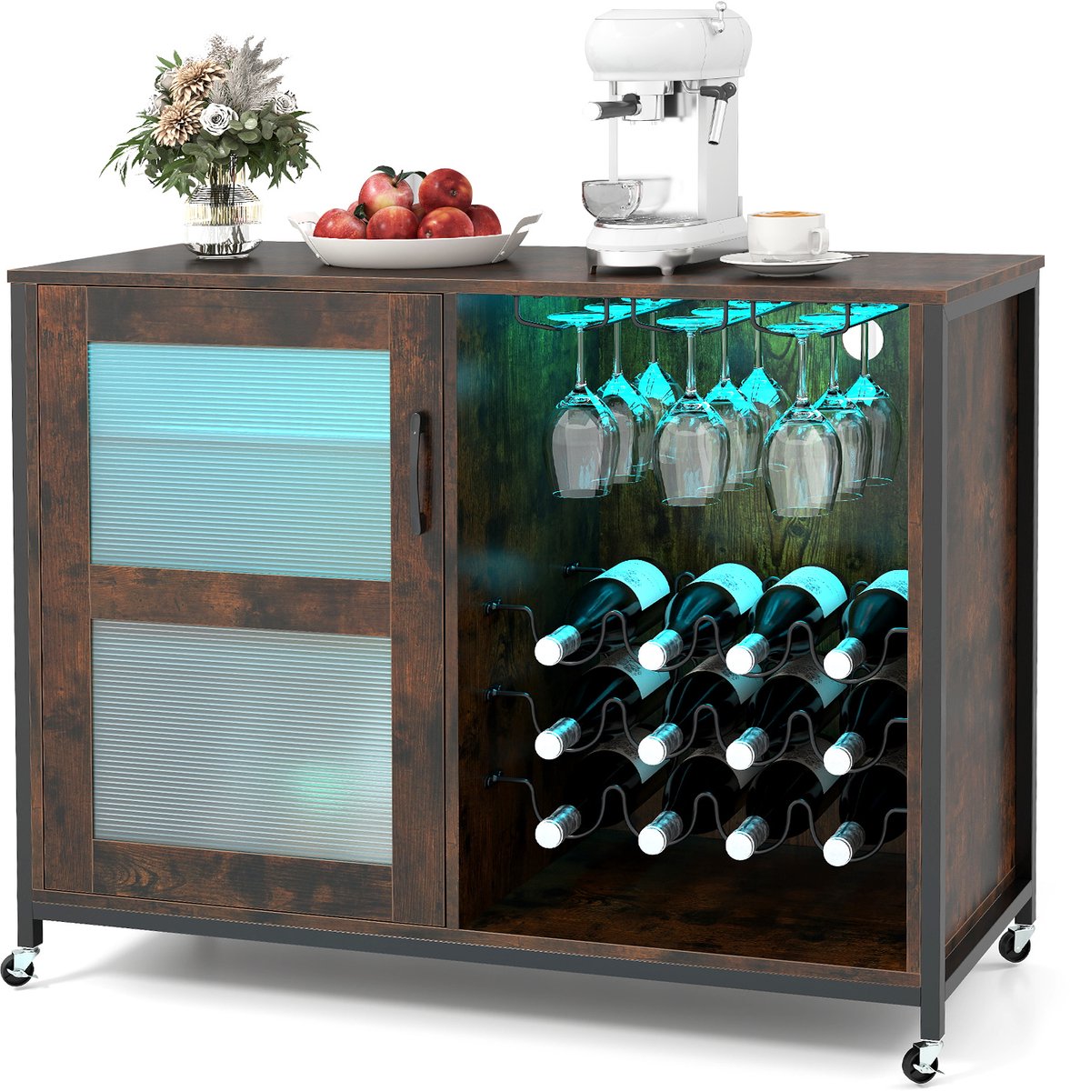 COSTWAY wijnkast met ledverlichting, barkast met wieltjes, verstelbare planken, glas- en flessenhouders, afstandsbediening, industriële keukenkast, dressoir voor eetkamer, woonkamer