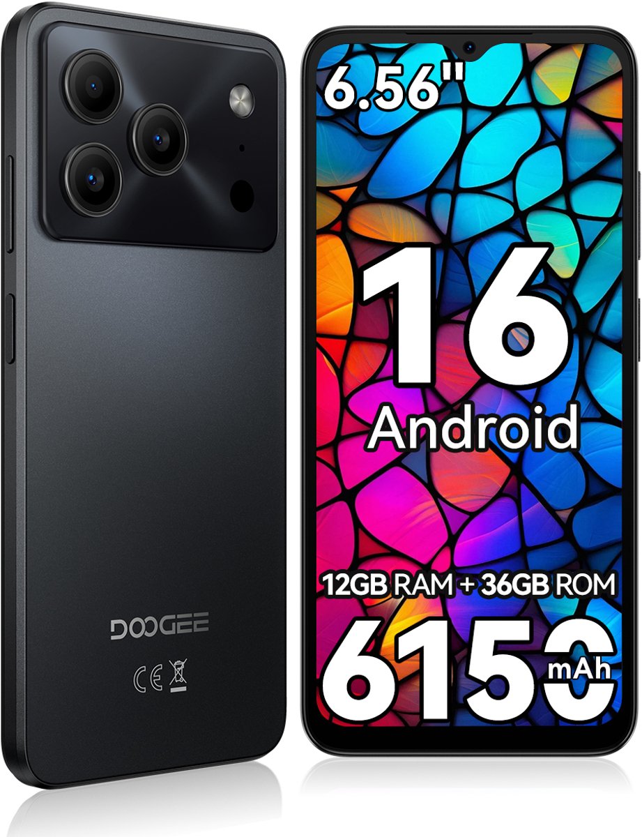 DOOGEE Note 56 Lite Smartphone - 6,56 Inch - 12GB(3+9) RAM - 32GB ROM - 6150 mAh - Android 16 - Met 3,5 mm hoofdtelefoonaansluiting - Zwart