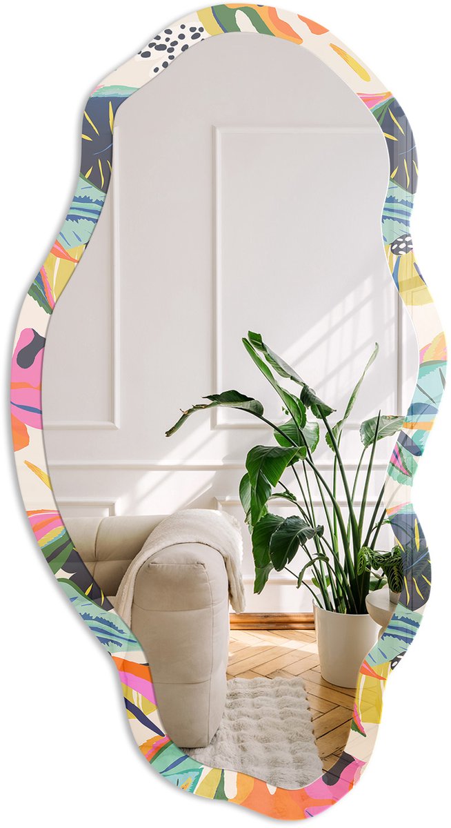 Coloray Kleurrijke Jungle Spiegel - Groen Stijlvolle Wandspiegel - Organische Spiegel - Woonkamer, Kantoor, Slaapkamer - Illustratief - 45x90 cm - Totale afmeting 52x97 cm