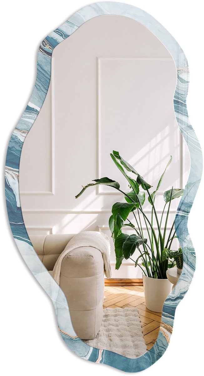 Coloray Marmergolven Spiegel - Blauw Moderne Rechthoekige Wandspiegel - Organische Spiegel - Woonkamer, Kantoor, Slaapkamer - Abstract - 45x90 cm - Totale afmeting 52x97 cm