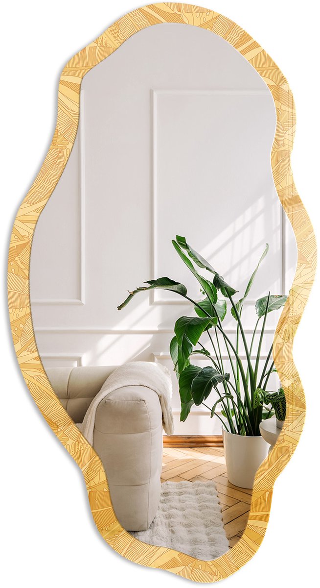 Coloray Tropische Bladeren Spiegel - Geel Rechthoekige Spiegel Voor Interieur - Organische Spiegel - Woonkamer - Illustratief - 45x90 cm - Totale afmeting 52x97 cm
