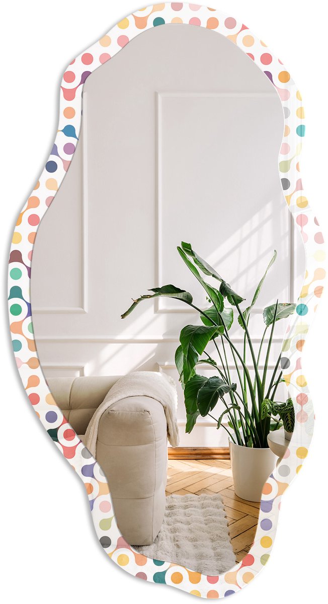 Coloray Kleurrijke Geometrie Spiegel - Wit Strakke Rechthoekige Spiegel - Organische Spiegel - Woonkamer, Kantoor, Slaapkamer - Geometrisch - 45x90 cm - Totale afmeting 52x97 cm Kleurrijke Geometrie, Wit
