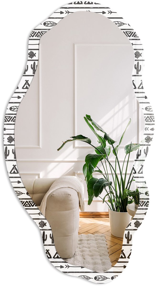 Coloray Etnisch Patroon Spiegel - Wit Rechthoekige Spiegel Voor Interieur - Organische Spiegel - Woonkamer, Kantoor, Slaapkamer - Geometrisch - 45x90 cm - Totale afmeting 52x97 cm