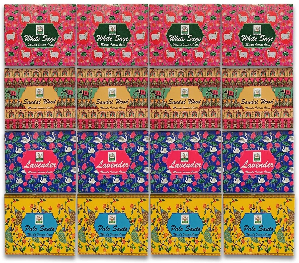 Namaste India Wierookkegeltjes Assortiment Set – Luxe Cadeauset met Palo Santo, Lavendel, Salie & Sandelhout – Natuurlijke Aromatherapie Kegels voor Meditatie, Yoga en Ontspanning Met Kajal Sticker