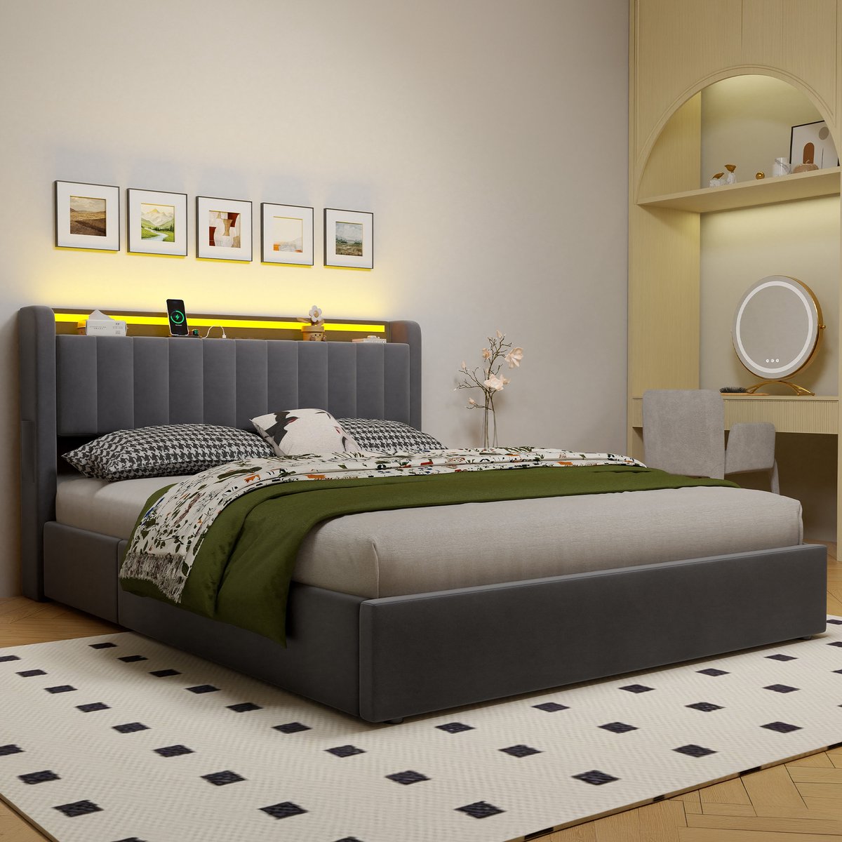 MEUNIQ Gestoffeerd opbergbed 160x200 cm met verborgen opbergruimte, USB-poort en sfeerverlichting, fluwelen bedframe, donkergrijs
