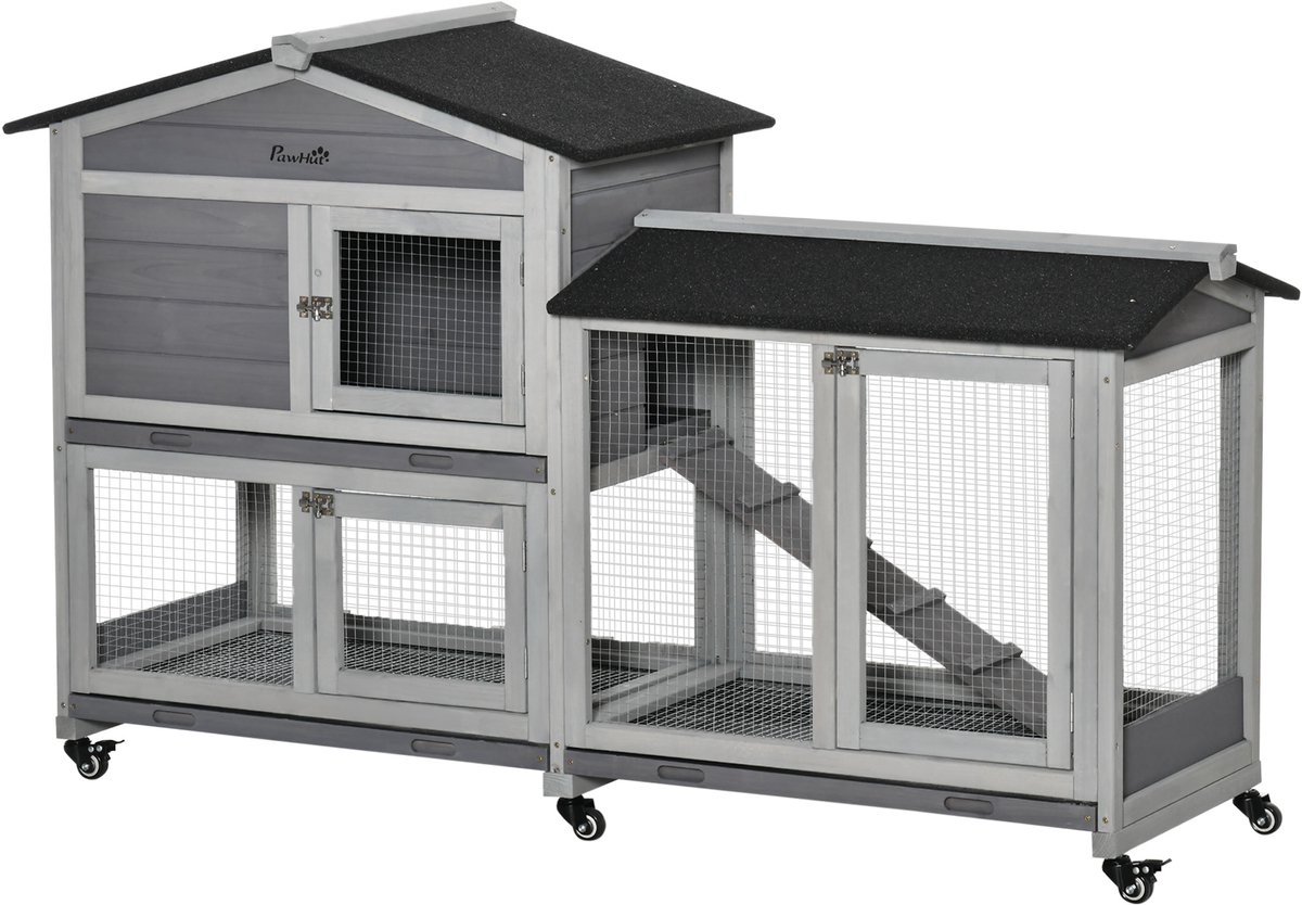 Houten konijnenhok voor konijnen - kleine konijnenhokken - op wieltjes - 2 verdiepingen -grijs - uitschuifbare planken