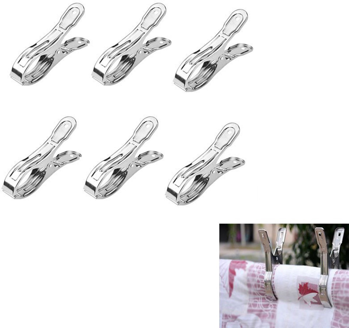 6-stuks Wasknijpers van roestvrij staal - Windbestendige wasknijpers - Strandhanddoekclips - Dekenclips - 13x2cm - Geschikt voor het drogen van kleding, strandhanddoeken, zwembadhoezen, gordijnen, dekens, enz. - Zilver